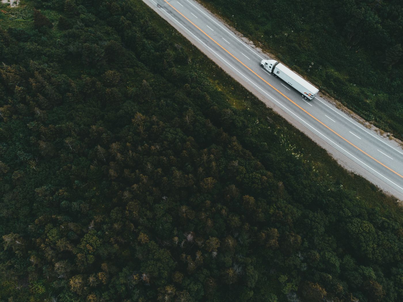 A tractor-trailer traveling along a forest road.